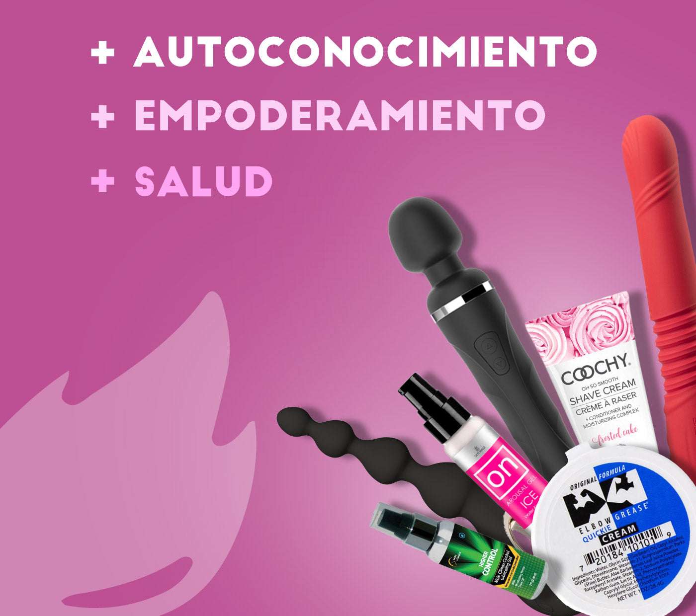 Productos íntimos de un sex shop, como vibradores, aceites y cremas, con el mensaje: ‘+ Autoconocimiento, + Empoderamiento, + Salud’ sobre un fondo rosado.