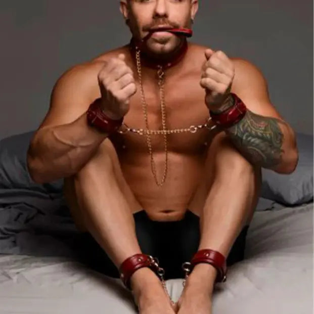 Set de Bondage Burdeos 6 Piezas - Esposas de cuero con interior acolchado - erotico shop