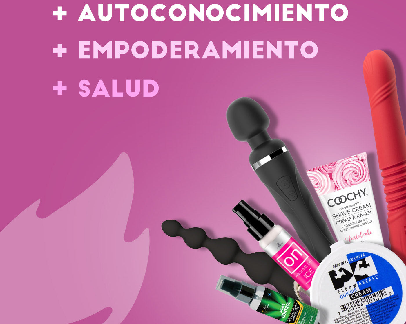Productos íntimos de un sex shop, como vibradores, aceites y cremas, con el mensaje: ‘+ Autoconocimiento, + Empoderamiento, + Salud’ sobre un fondo rosado.