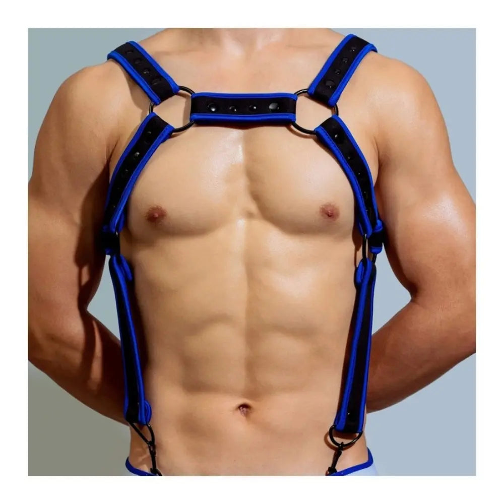 Arnés de neopreno - Neo Chest - bdsmaster - arnes fetichista - accesorio sexy - arnes sexi - broche metalico - arnes ajustable - bdsm - dominacion - sumicion - sexshop - dominame - tienda erotica - sexi shop - tienda erotica - lenceria erotica - azul - arnes azul - accesorio azul 