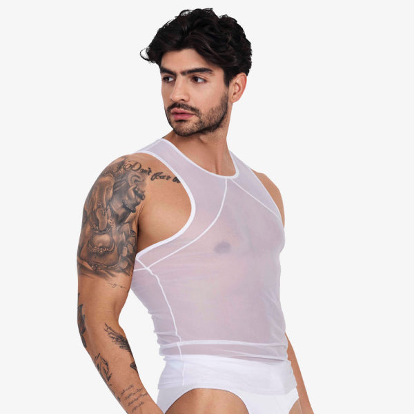 BELIAL TANK TOP - Blanco - polera de malla de hombre - polera sin mangas - camiseta transparente - polera de malla translucida