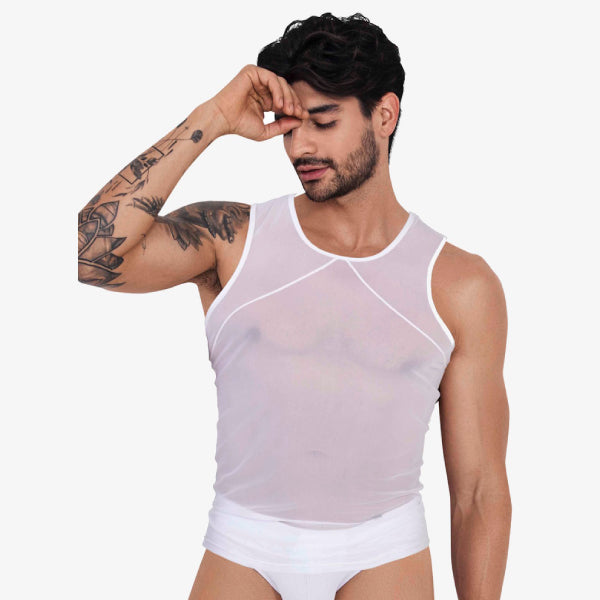 BELIAL TANK TOP - Blanco - polera de malla de hombre - polera sin mangas - camiseta transparente - polera de malla translucida