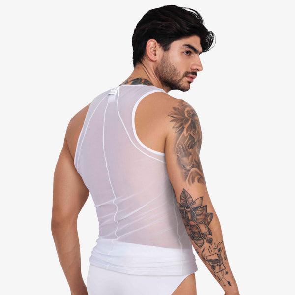 BELIAL TANK TOP - Blanco - polera de malla de hombre - polera sin mangas - camiseta transparente - polera de malla translucida