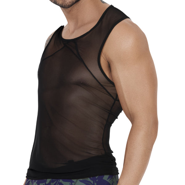 BELIAL TANK TOP - Negro- polera de malla de hombre - polera sin mangas - camiseta transparente - polera de malla translucida