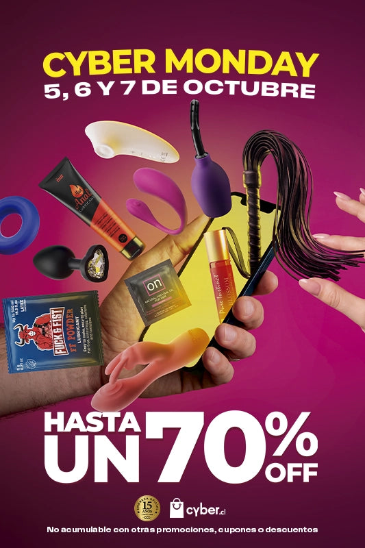 Banner_movil_Cyber_Monday_en_Dominamecl_con_hasta_70_OFF_del_5_al_7_de_octubre_Muestra_juguetes_eroticos_lubricantes_latigo_y_feromonas_sobre_fondo_fucsia_Envios_discretos_a_todo_Chil.webp
