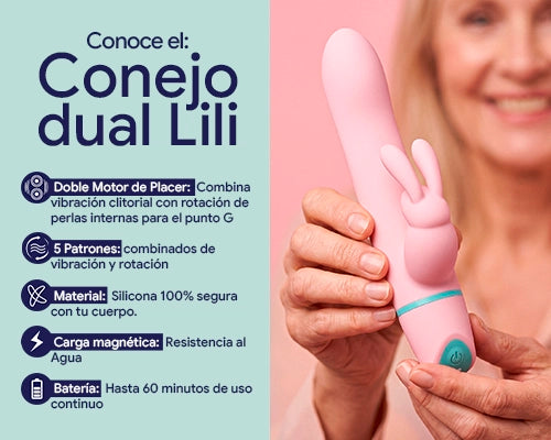 banner de producto - conejito vibrador - jguuete sexual - vibrador recargable - silicona medica - vibrador de silicona - vibrador con movimiento - conejito rosado - dual lili - producto dominame - doble estimulación - resistencia al agua - doble motor - movimiento giratorio - orgasmo vaginal - placer de punto g - placer clitorial - chochis - producto dominame - sexshop dominame 