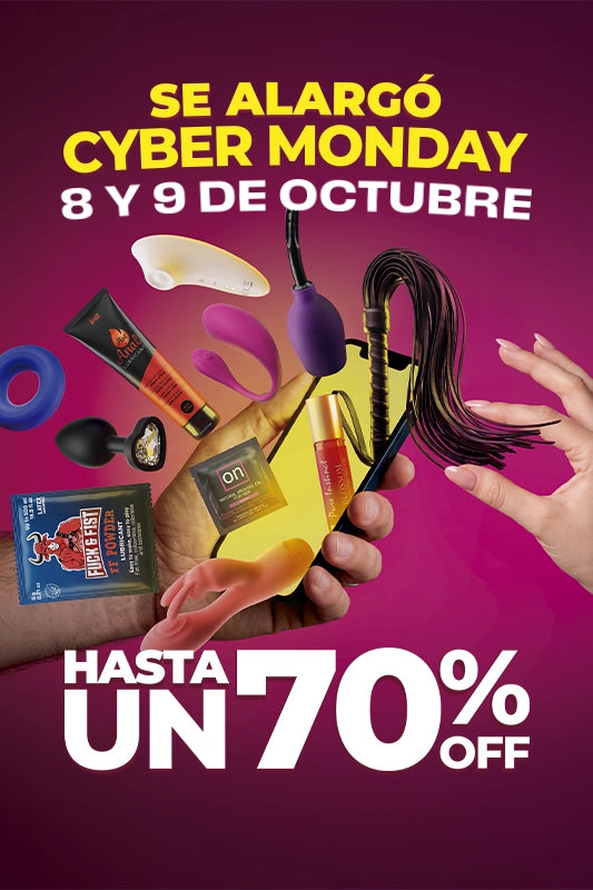 Banner principal Cyber Monday en Dominamecl con hasta 70% OFF del 8 al 9 de octubre Muestra variedad de juguetes eróticos lubricantes productos anales y fetichismo Envíos 100% discretos a todo Chile