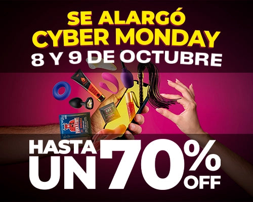 Banner principal Cyber Monday en Dominamecl con hasta 70% OFF del 8 al 9 de octubre Muestra variedad de juguetes eróticos lubricantes productos anales y fetichismo Envíos 100% discretos a todo Chile