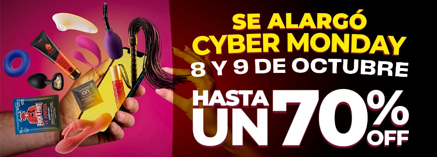 Banner principal Cyber Monday en Dominamecl con hasta 70% OFF del 8 al 9 de octubre Muestra variedad de juguetes eróticos lubricantes productos anales y fetichismo Envíos 100% discretos a todo Chile