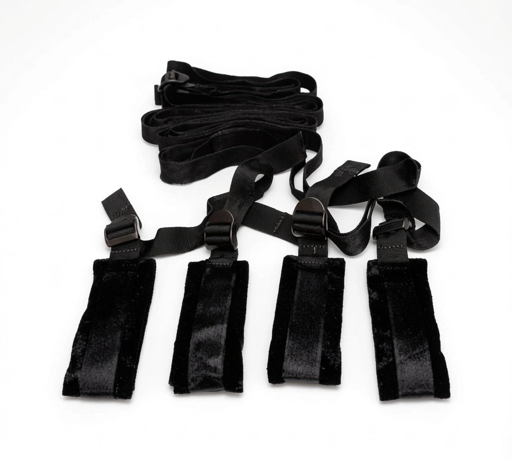 amarras para la cama - supresion de movimiento - juego de sumision - kit de amarras para colchon - muñequeras con tobilleras - amarras negras - sex & mischief - kit para la cama - bdsm - dominame - sexshop dominame 