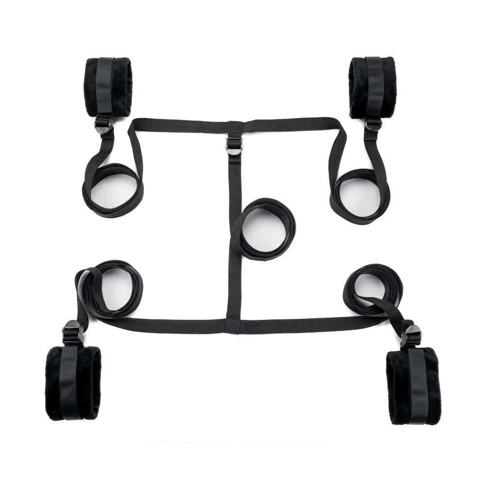 amarras para la cama - supresion de movimiento - juego de sumision - kit de amarras para colchon - muñequeras con tobilleras - amarras negras - sex & mischief - kit para la cama - bdsm - dominame - sexshop dominame 
