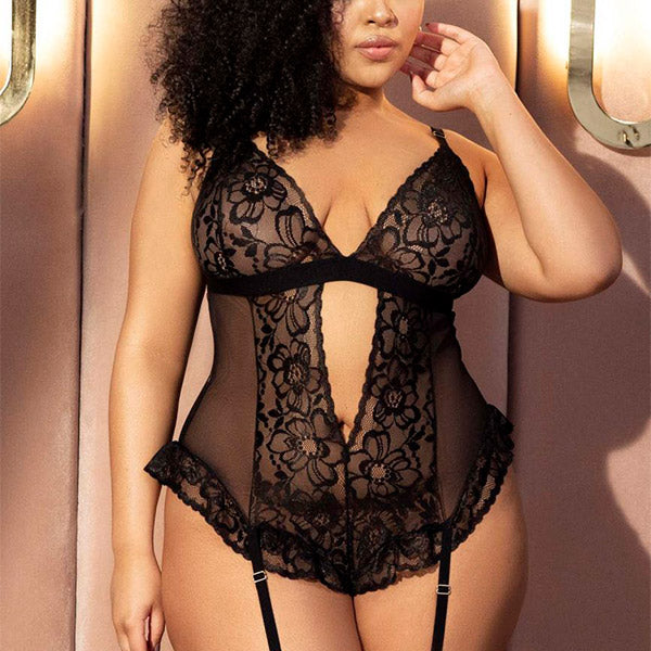 Bodie V Floral Negro - Body encaje xl - Lenceria femenina encaje - ropa intima sensual