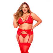 Conjunto De Tres Piezas Rojo Vibrante Plus - Lenceria encaje xl - portaliga liga - ropa intima femenina