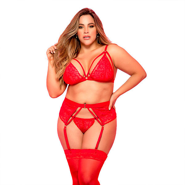 Conjunto De Tres Piezas Rojo Vibrante Plus - Lenceria encaje xl - portaliga liga - ropa intima femenina
