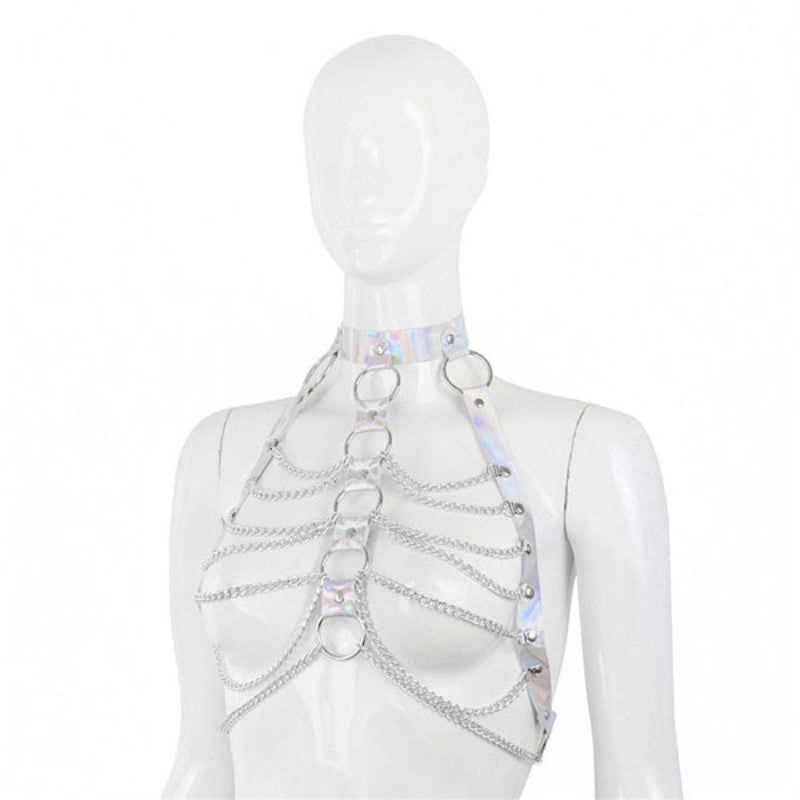 arnes - harness- harnes - brillante - cadenas - bdsm - rosado - plateado - brillante - dominame.cl - sexshop - estetico - femenino - pecho