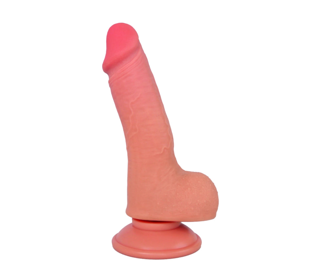 Dildo realista - textura de piel - TPE - pene de goma - pene de silicona - dildo con testiculos - color beige - consoladores realistas - fantasia - juegos de rol - ventosa extraible - dildo arqueable - prepucio retractil - venas marcadas 