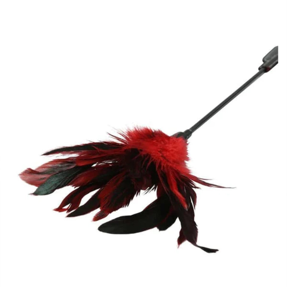 fusta doble - fusta con pluma - fusta de cuerina - plumas rojas - masoquismo - bdsm - golpe suave -  inicio de sumision - principiante bdsm - SportSheets - dominame - sexshop dominame 