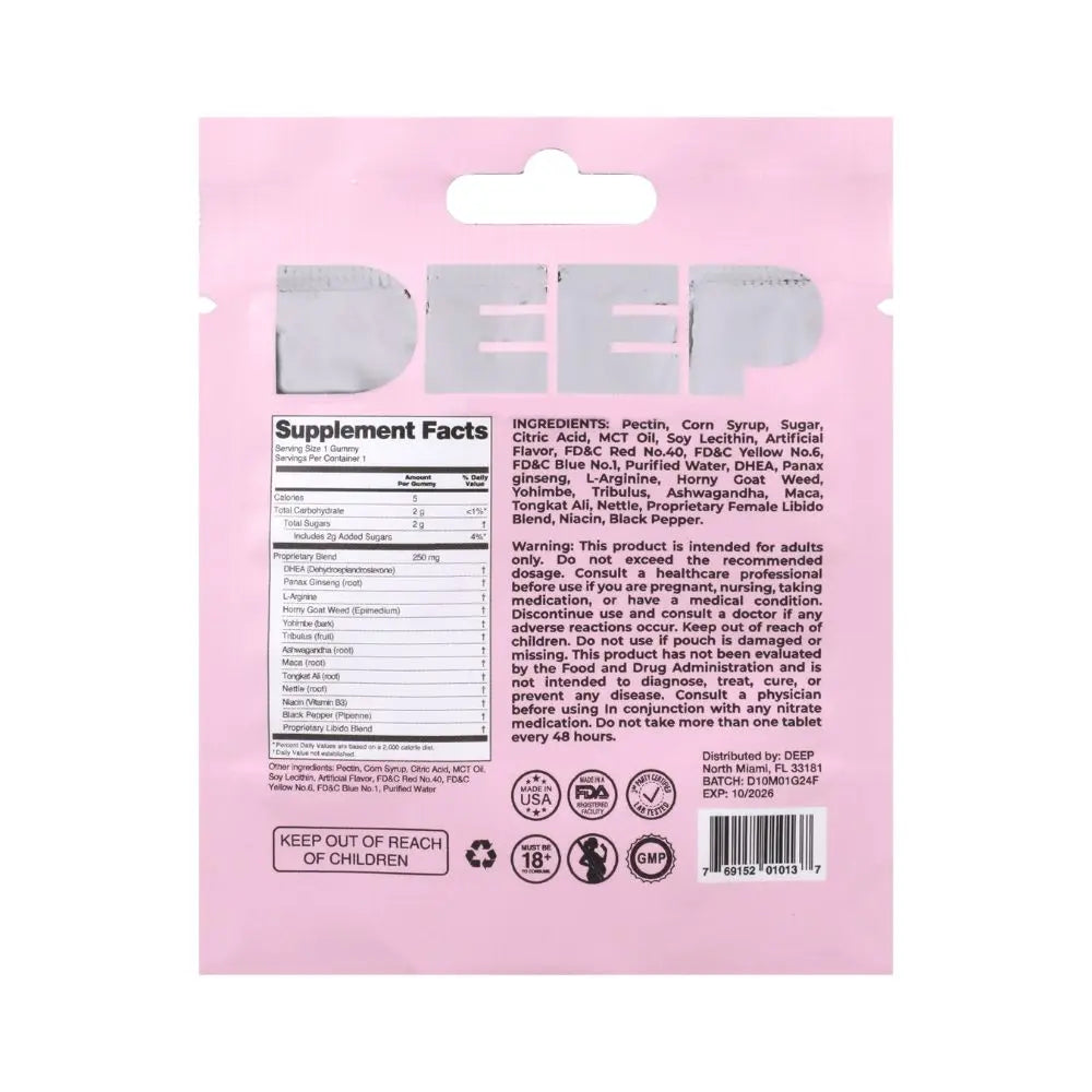 Gomita deep - para ellas - deseo sexual - afrodisiaco natural - sube el deseo - mas ganas - libido baja - sube la libido - potencia el deseo - gomita dulce - comestible - suplemento sexual - potenciador - aumenta la excitacion - disfruta el momento - sexoshop - tienda sexual - tienda erotica - productos comestibles - gomita sexual - gomita de placer - dominame 