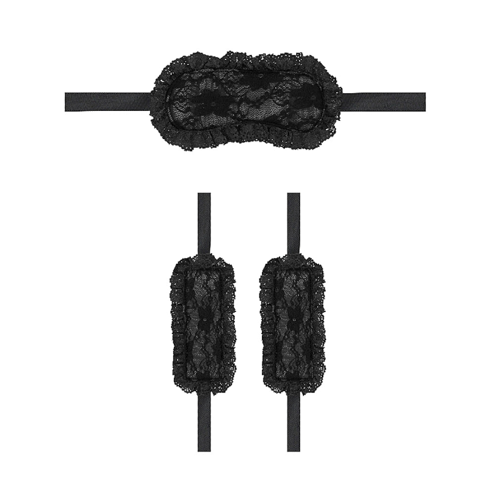 set de encaje - satin erotico - muñequeras - antifaz - set de principiante - conjunto de encaje negro - bdsm - incio del bdsm - placer en pareja - juego de dominacion - juego de sumision - ouch - dominame - sexshop dominame 