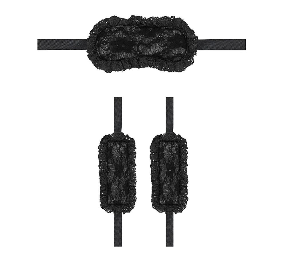 set de encaje - satin erotico - muñequeras - antifaz - set de principiante - conjunto de encaje negro - bdsm - incio del bdsm - placer en pareja - juego de dominacion - juego de sumision - ouch - dominame - sexshop dominame 