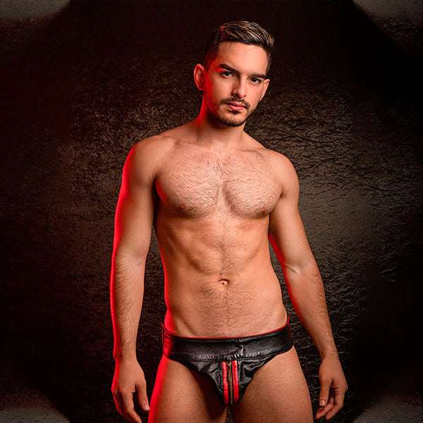 Jockstrap Horny De Cuero Negro/Rojo - suspensorio masculino- ropa interior de cuero - ropa erotica de hombre
