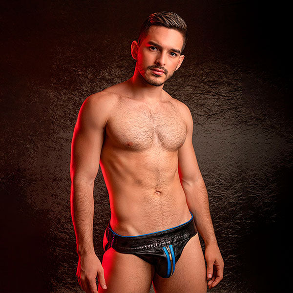 Jockstrap Horny De Cuero Negro/azul - suspensorio masculino- ropa interior de cuero - ropa erotica de hombre