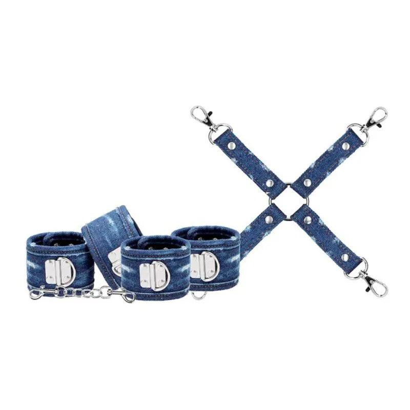 Kit de bondage Denim de Ouch - esposas - tobilleras - latigo - bondage - kynk - Sexshop Dominame.cl - OU506USABLU