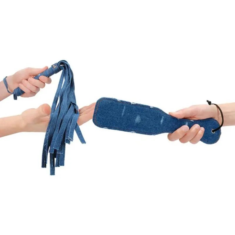 Kit de bondage Denim de Ouch - esposas - tobilleras - latigo - bondage - kynk - Sexshop Dominame.cl - OU506USABLU