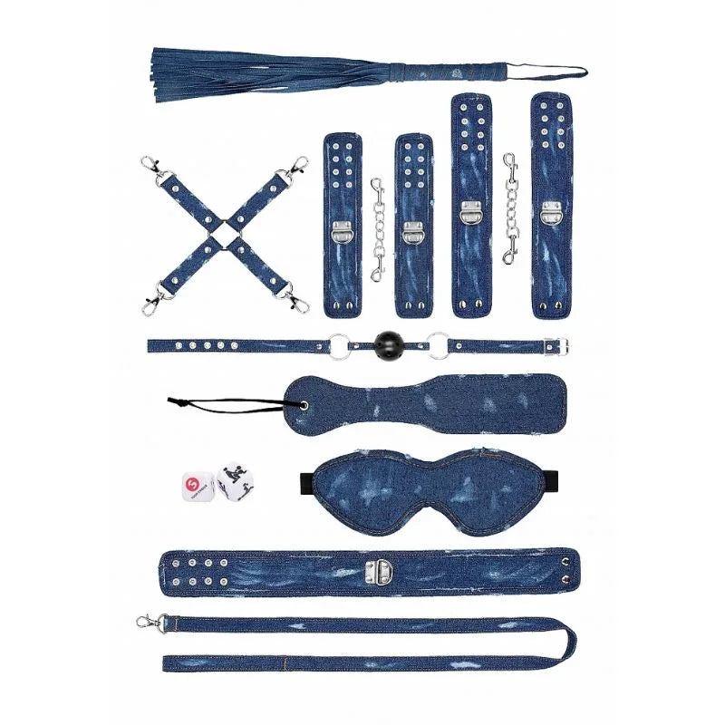 Kit de bondage Denim de Ouch - esposas - tobilleras - latigo - bondage - kynk - Sexshop Dominame.cl - OU506USABLU