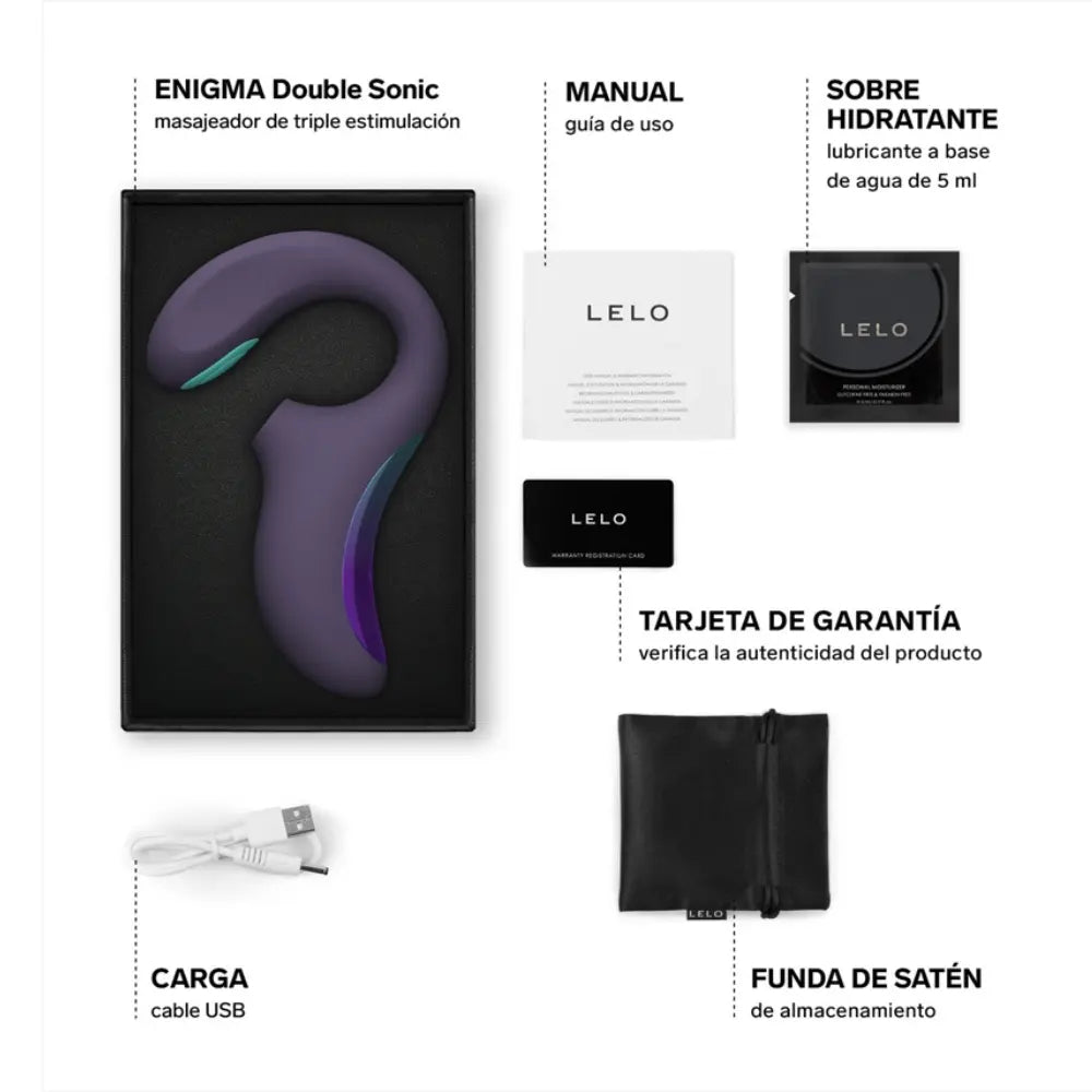 LELO - enigma double sonic - estimulación vaginal - succionador de clitoris - vibrador de punto g - ondas sonicas - estimulacion de punto A -  silicona médica - implemento médico - mejora síntomas de menopausia - mejora la lubricación natural - salud sexual - placer y cuidado - a prueba de agua - recargable - morado - celeste - juguete de alta gama - sexshop dominame