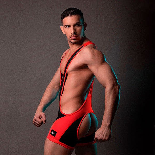 Luchador On Top BTTM Negro/Rojo - jocksgtrap - jock - suspensorio - traje de lucha - luchador sexy - bodie - body