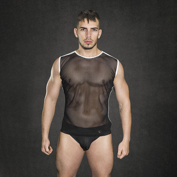 Mesh Singlet Blanco / Negro - polera de malla - camiseta sin mangas de malla - polera transparente - malla transparente de hombre