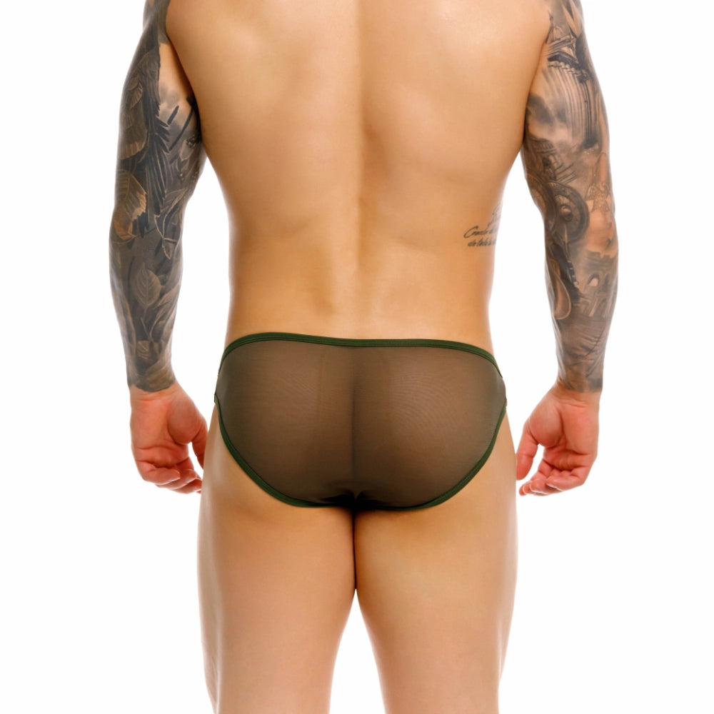 bikini verde - verde oscuro - prenda de malla - trasero descubierto - malla en gluteos - efecto transparente - modelo sexy - lenceria erotica - lenceria masculina - prenda sin elastico - prenda sin pretina - corte bajo - brief sexy - slip - calzoncillo - jor - dominame - sexshop dominame 