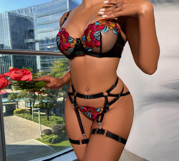 Pasión Floral - JSY - Conjunto de lenceria femenina - ropa intima mujer - liguero - portaligas