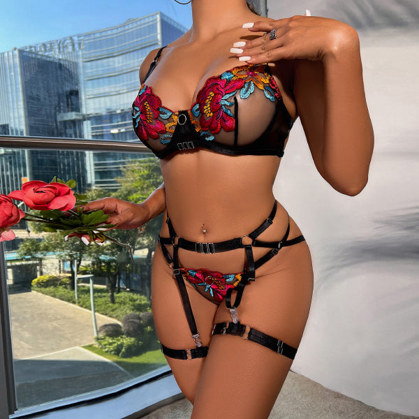 Pasión Floral - JSY - Conjunto de lenceria femenina - ropa intima mujer - liguero - portaligas