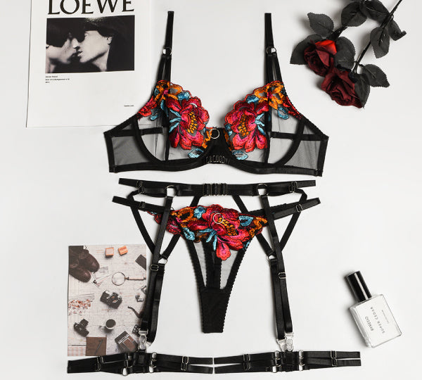 Pasión Floral - JSY - Conjunto de lenceria femenina - ropa intima mujer - liguero - portaligas