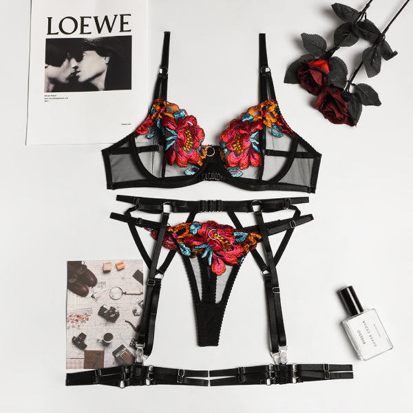 Pasión Floral - JSY - Conjunto de lenceria femenina - ropa intima mujer - liguero - portaligas