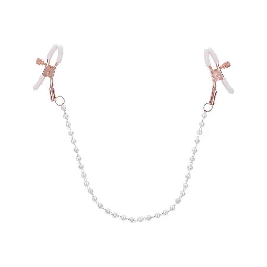 Pezoneras con cadenas y perlas - ajuste regulable - unión de pezones - doble - bdsm - perlas sintéticas - oro rosado - blanco - gomas antideslizantes - accesorio sexual - sumisión - estética femenina - sexshop -dominame - chile - santiago 