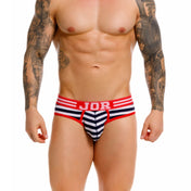 brief - slip - calzoncillo - lenceria estampada - modelo a rayas - blanco y negro - pretina roja - modelo clasico - look sexy - modelo anatomico - levanta bulto - paquete mas grande - ajuste perfecto - tela de lycra - microfibra - algodon - elastano - jor - dominame - sexshop dominame