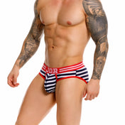 brief - slip - calzoncillo - lenceria estampada - modelo a rayas - blanco y negro - pretina roja - modelo clasico - look sexy - modelo anatomico - levanta bulto - paquete mas grande - ajuste perfecto - tela de lycra - microfibra - algodon - elastano - jor - dominame - sexshop dominame