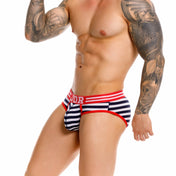 brief - slip - calzoncillo - lenceria estampada - modelo a rayas - blanco y negro - pretina roja - modelo clasico - look sexy - modelo anatomico - levanta bulto - paquete mas grande - ajuste perfecto - tela de lycra - microfibra - algodon - elastano - jor - dominame - sexshop dominame