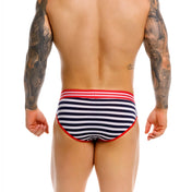 brief - slip - calzoncillo - lenceria estampada - modelo a rayas - blanco y negro - pretina roja - modelo clasico - look sexy - modelo anatomico - levanta bulto - paquete mas grande - ajuste perfecto - tela de lycra - microfibra - algodon - elastano - jor - dominame - sexshop dominame