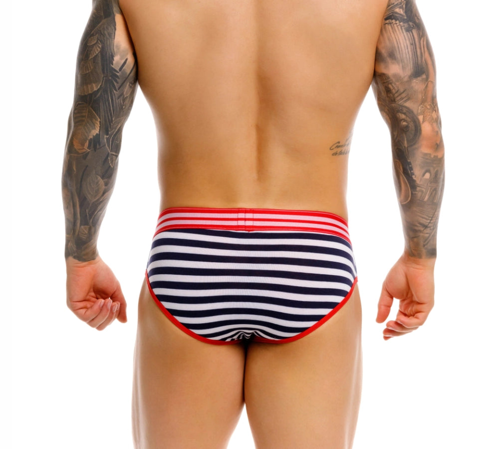 brief - slip - calzoncillo - lenceria estampada - modelo a rayas - blanco y negro - pretina roja - modelo clasico - look sexy - modelo anatomico - levanta bulto - paquete mas grande - ajuste perfecto - tela de lycra - microfibra - algodon - elastano - jor - dominame - sexshop dominame