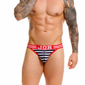 jockstrap - levanta gluteos - modelo respirable - lenceria estampada - modelo a rayas - blanco y negro - pretina roja - modelo clasico - look sexy - modelo anatomico - levanta bulto - paquete mas grande - ajuste perfecto - tela de lycra - microfibra - algodon - elastano - jor - dominame - sexshop dominame