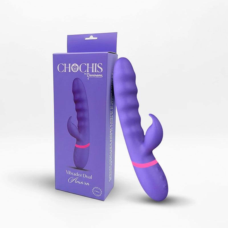 vibrador dual - chochis - dominame - sexshop - color morado - vibrante - textura interna - estimulador clitorial -estimulación de punto g - patrones de vibracion - recargable 
