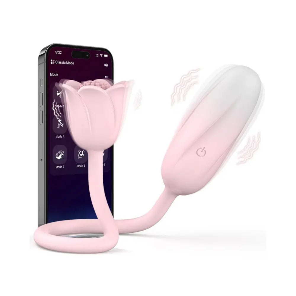 Vibrador dual Bloomia - huevo vibrador de punto g - estimulador clitorial - flor vibrante - clitoris vibrante - placer de pareja - doble orgasmo - jugute con app - aplicacion de celular - sexo a distancia - sexshop - dominame 