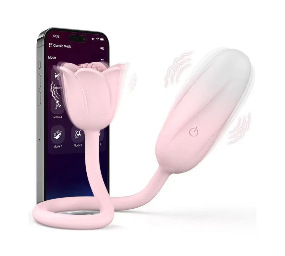 Vibrador dual Bloomia - huevo vibrador de punto g - estimulador clitorial - flor vibrante - clitoris vibrante - placer de pareja - doble orgasmo - jugute con app - aplicacion de celular - sexo a distancia - sexshop - dominame 