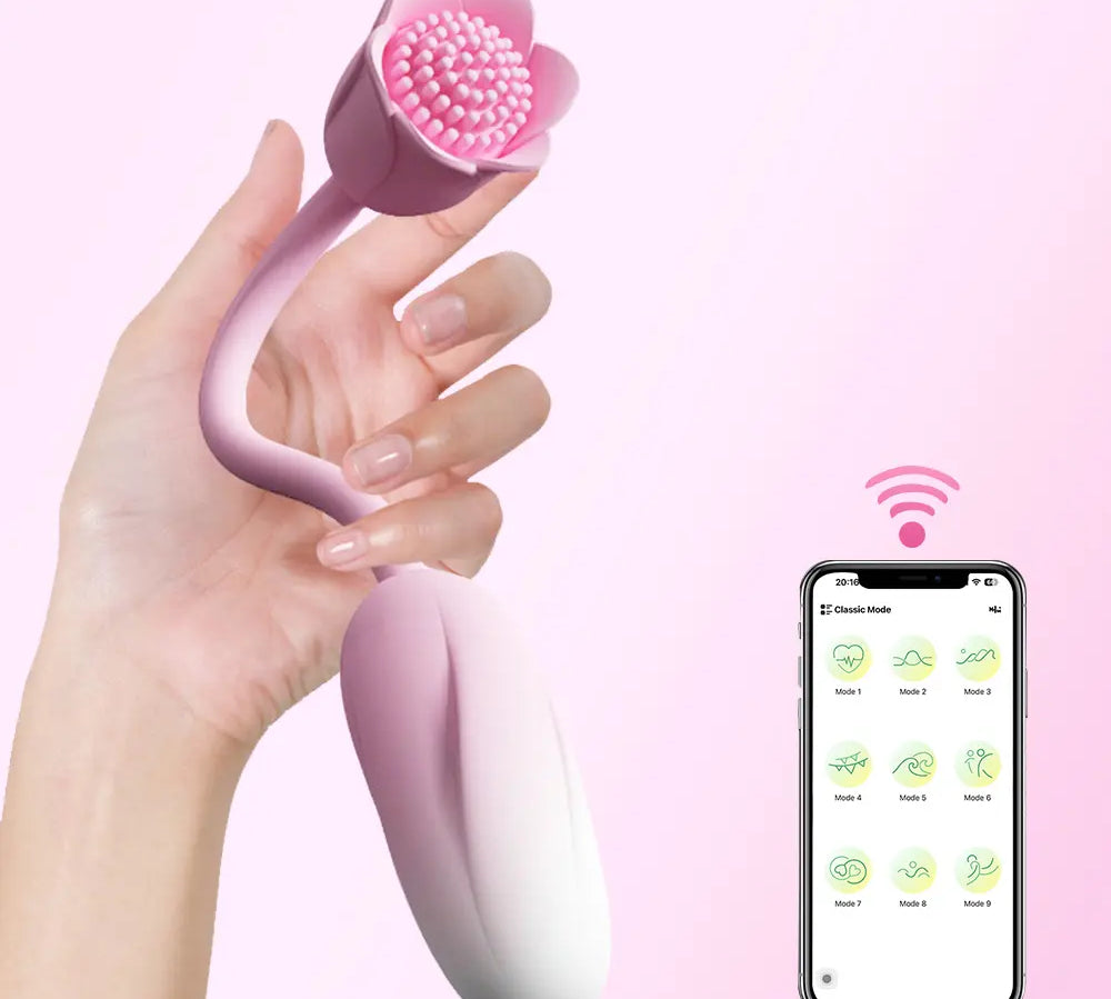 Vibrador dual Bloomia - huevo vibrador de punto g - estimulador clitorial - flor vibrante - clitoris vibrante - placer de pareja - doble orgasmo - jugute con app - aplicacion de celular - sexo a distancia - sexshop - dominame 