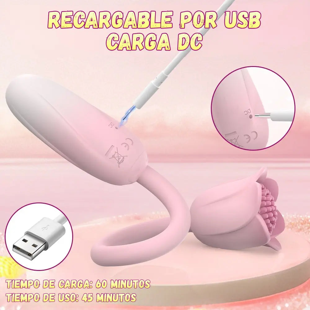 Vibrador dual Bloomia - huevo vibrador de punto g - estimulador clitorial - flor vibrante - clitoris vibrante - placer de pareja - juguete recargable - squirt - vibrador femenino - resistente a salpicaduras - video llamada - estimulacion de pezones - sexshop - dominame