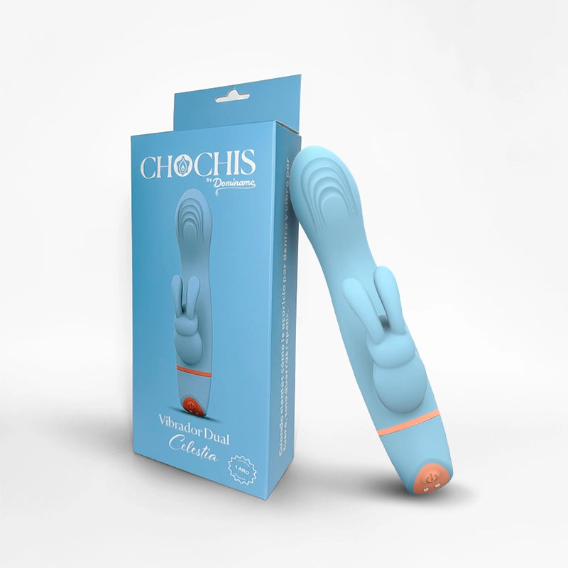 vibrador conejito - vibrador dual - celestia - color celeste - textura interna - patrones de vibracion - estimulacion clitorial - estimulacion de punto g - recargable - compacto - chochis - sexshop - dominame 